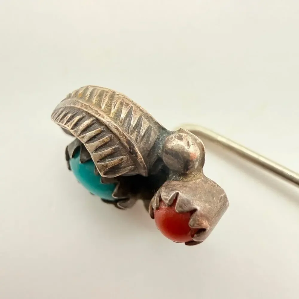 Vintage Sterling Silver Southwest Navajo Turquoise Coral Leaf Stick Pin